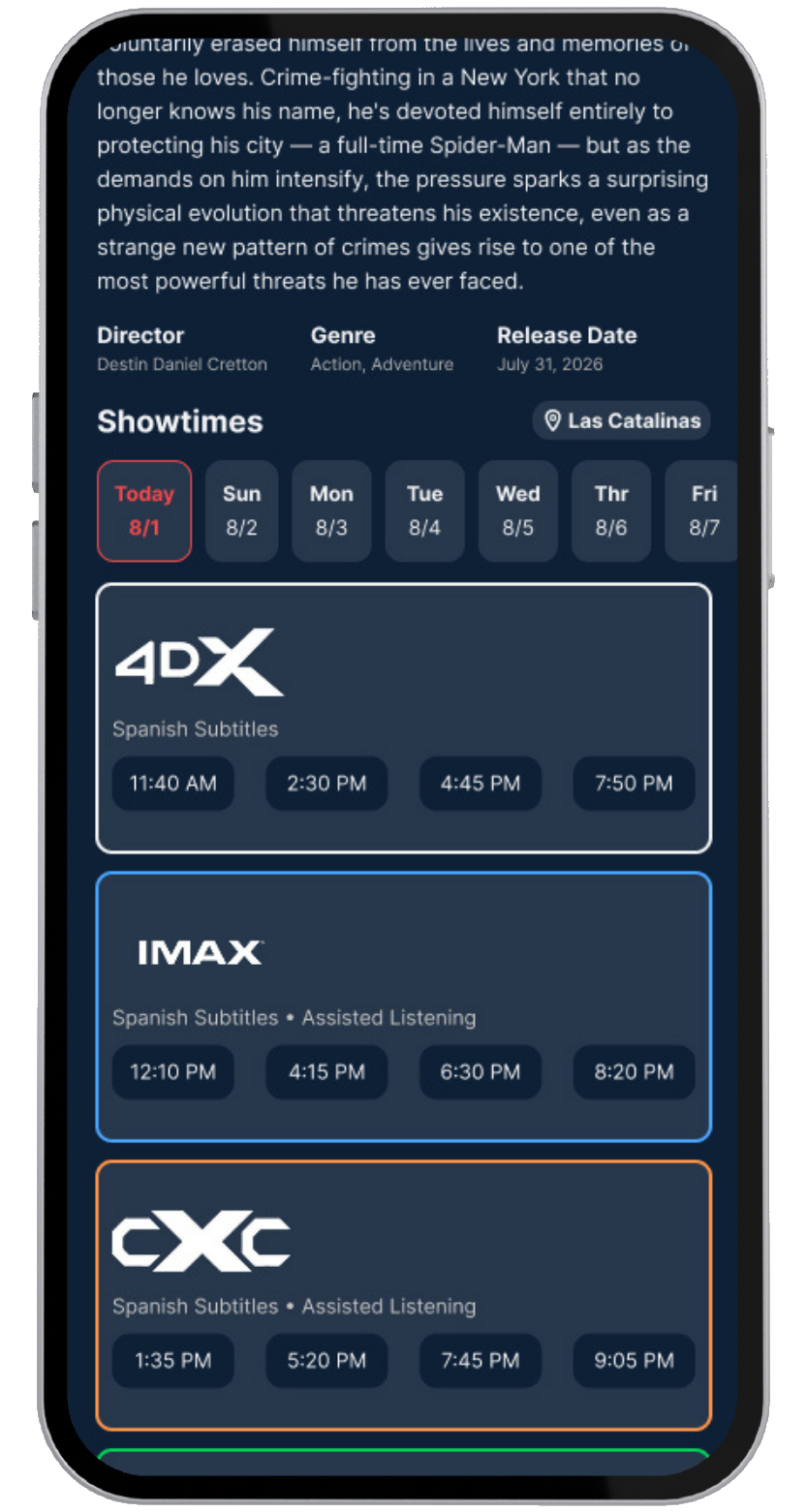 First showtimes screen